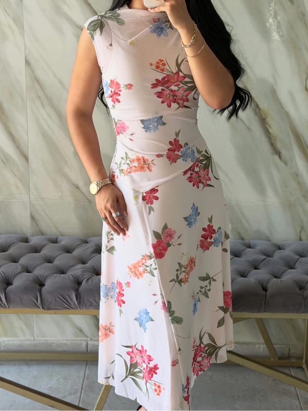 Ellen Tracy Asymmetrical Midi Dress Beige Garden Floral Size Medium